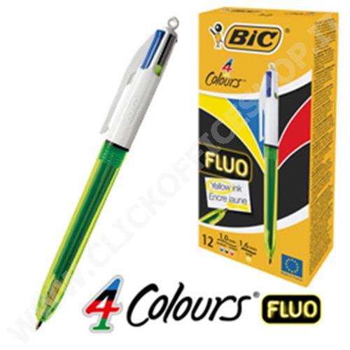 Penna a sfera 4 colori Bic Fluo multicolore - tratto 1 mm - fusto  bianco/giallo (conf. 12)